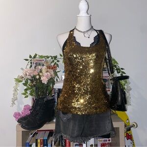 Material Girl 2000s style glamorous rockstar gf gold sequin tank